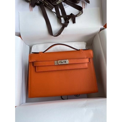 Hermès Eredeti Epsom Bőr KEL2278 Narancssárga&Ezüst Tónusú Fém