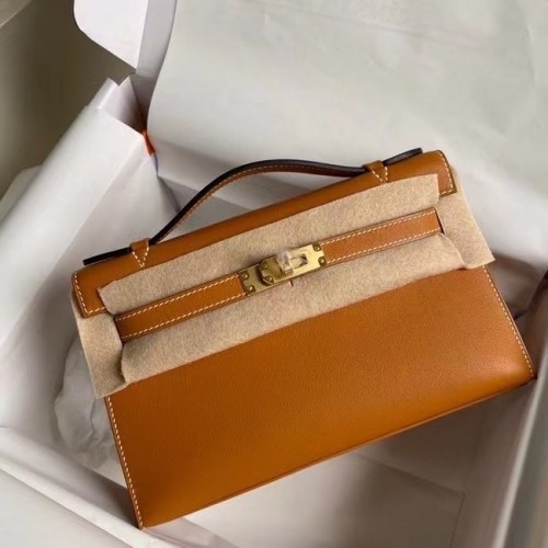 Hermès Eredeti Swift Bőr KEL2278 Barna & Arany Tónusú Fém