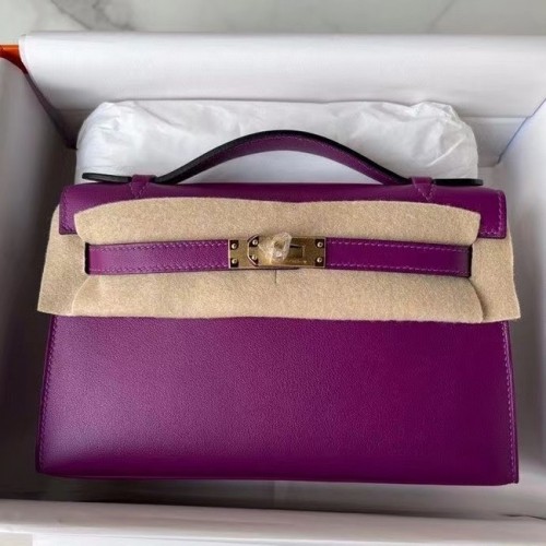 Hermès Eredeti Swift Bőr KEL2278 Lila&Arany-Tónusú Fém