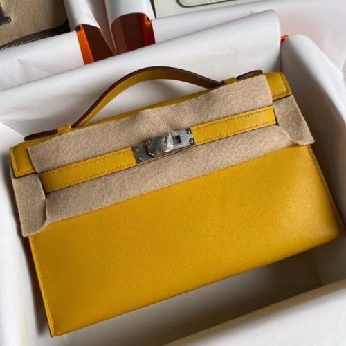 Hermès Eredeti Swift Bőr KEL2278 Sárga&Ezüst Tónusú Fém