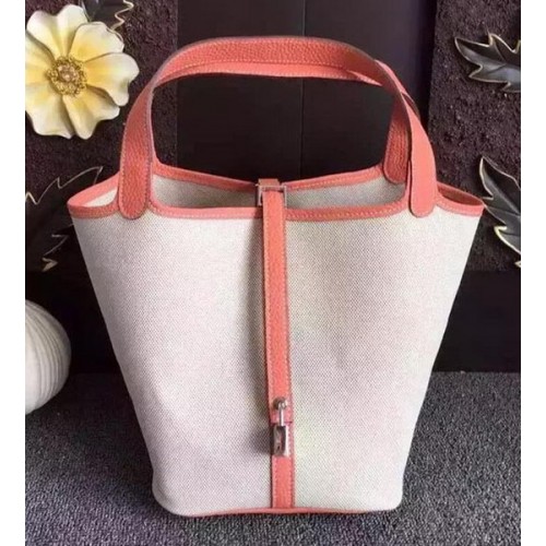 Hermès Picotin Zárral 18 cm-es Vászon Táska HPL8618T Világos Rózsaszín