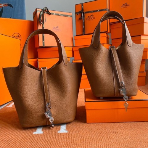 Hermès Picotin Zár Táskák Eredeti Togo Bőr PL3388 barna