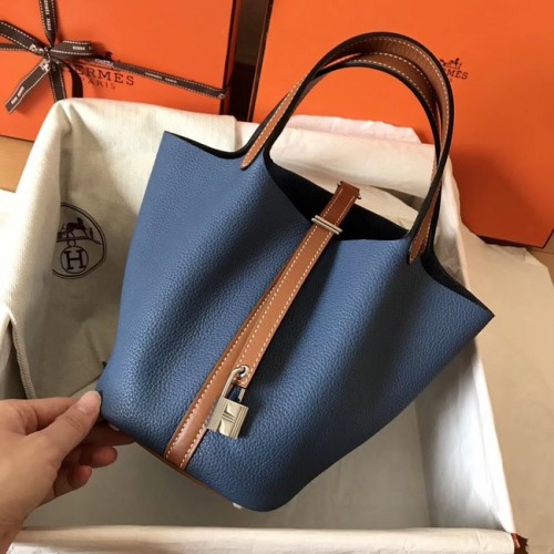 Hermès Picotin Lock PM Táska Eredeti Bőr H8688 Kék&Barna