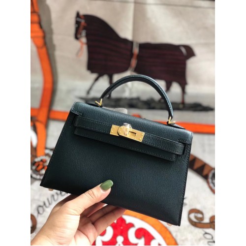 Hermès eredeti mini Kelly Chevre Mysore K19CM feketészöld és arany fém táska