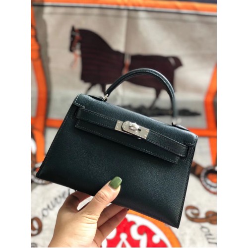 Hermès eredeti mini Kelly Chevre Mysore K19CM feketészöld és ezüst fém táska