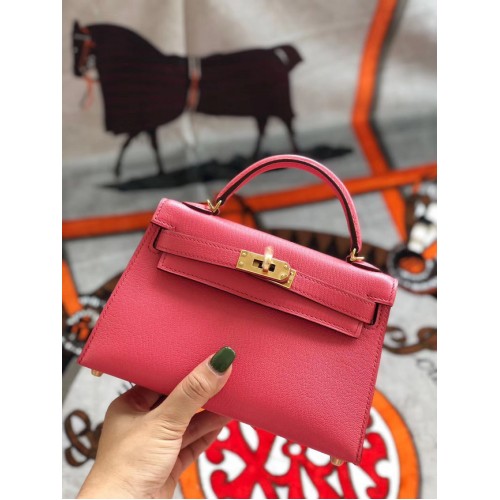 Hermès eredeti mini Kelly Chevre Mysore K19CM Görögdinnyepiros és Arany Fém