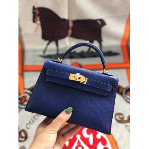Hermès eredeti mini Kelly Chevre Mysore K19CM kék és arany fém táska