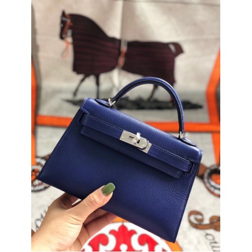 Hermès eredeti mini Kelly Chevre Mysore K19CM kék és ezüst fém táska