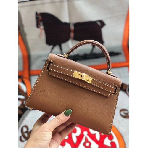 Hermès eredeti mini Kelly Chevre Mysore K19CM barna és arany fém táska