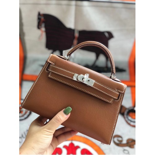 Hermès eredeti mini Kelly Chevre Mysore K19CM barna és ezüst fém táska