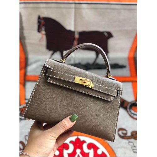 Hermès eredeti mini Kelly Chevre Mysore K19CM szürke és arany fém táska