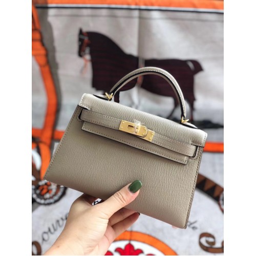 Hermès eredeti mini Kelly Chevre Mysore K19CM világosszürke és arany fém táska