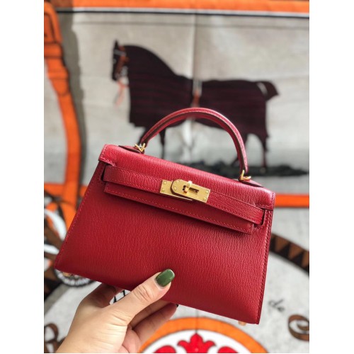 Hermès eredeti mini Kelly Chevre Mysore K19CM piros és arany fém táska