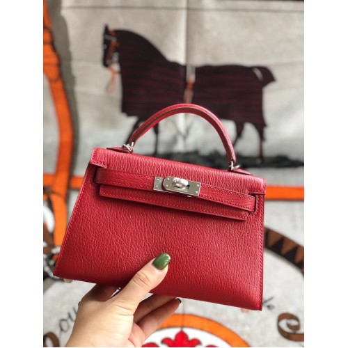 Hermès eredeti mini Kelly Chevre Mysore K19CM piros és ezüst fém táska