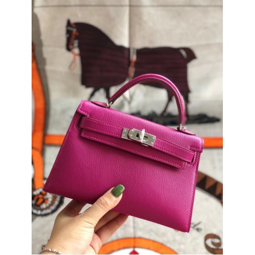 Hermès eredeti mini Kelly Chevre Mysore K19CM rozé és ezüst fém táska