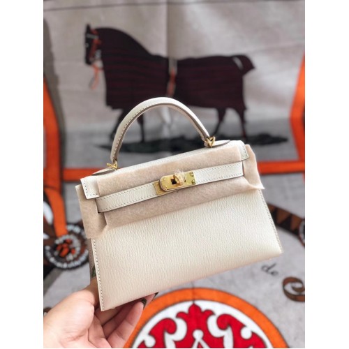 Hermès eredeti mini Kelly Chevre Mysore K19CM fehér és arany fém táska