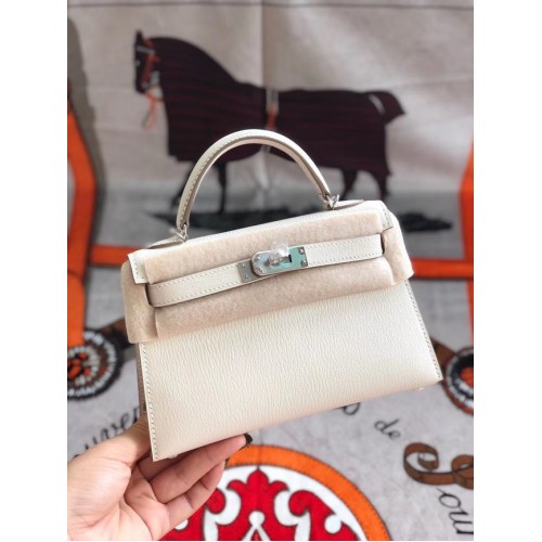 Hermès eredeti mini Kelly Chevre Mysore K19CM fehér és ezüst fém táska