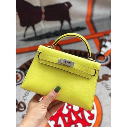 Hermès eredeti mini Kelly Chevre Mysore K19CM sárga és ezüst fém táska