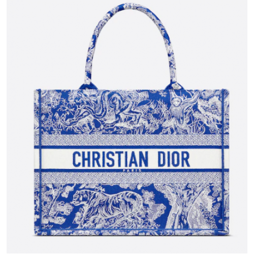 MEDIUM DIOR BOOK TOTE Fluoreszcens kék Toile de Jouy hátoldali hímzés M1296ZROC