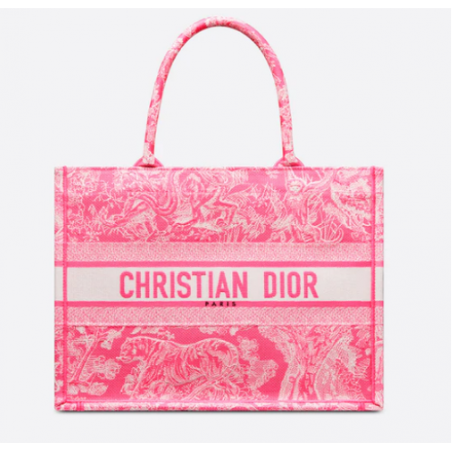 MEDIUM DIOR BOOK TOTE Fluoreszkáló rózsaszín Toile de Jouy hátoldali hímzés M1296ZROC