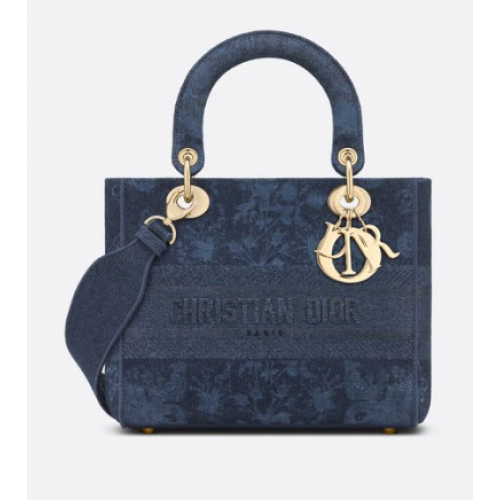 KÖZEPES MÉRETŰ NŐI D-LITE TÁSKA Kék Dior Virágokkal Hímzett Farmer M0565OJA