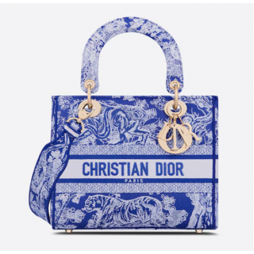 MEDIUM LADY D-LITE BAG Fluoreszkáló kék Toile de Jouy hátoldali hímzés M0565OROC