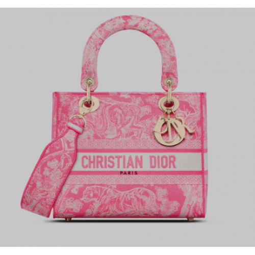 MEDIUM LADY D-LITE BAG Fluoreszkáló rózsaszín Toile de Jouy fordított hímzés M0565OROC