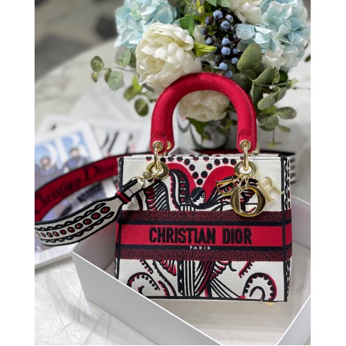 KÖZEPES MÉRETŰ NŐI D-LITE TÁSKA M8002 Piros Többszínű Dior Arabesque Hímzés