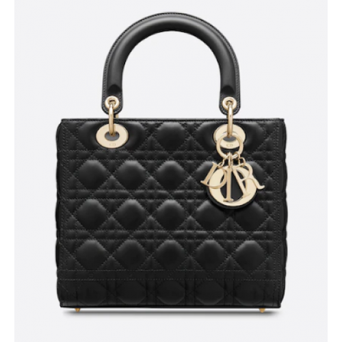 KÖZEPES MÉRETŰ LADY DIOR TÁSKA Fekete Cannage Báránybőr M0565O
