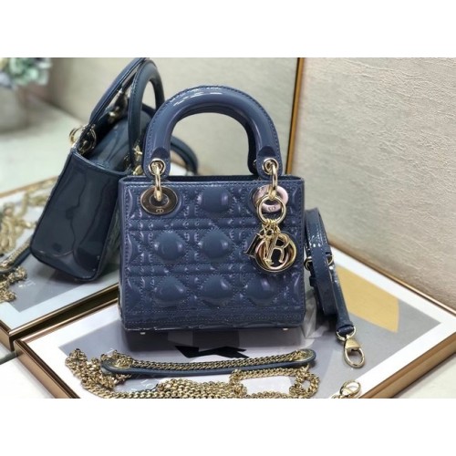 MINI LADY DIOR TÁSKA Lakkbőr Cannage borjúbőr M0505O Királykék