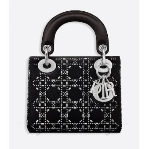 MINI LADY DIOR TÁSKA Strassz Cannage Szatén M0500P fekete