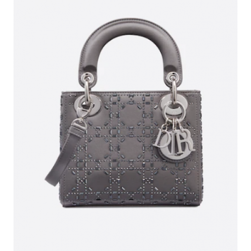 MINI LADY DIOR TÁSKA Strassz Cannage Szatén M0500P szürke