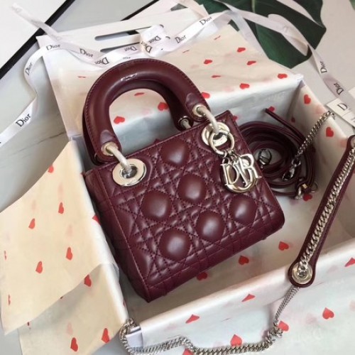 MINI LADY DIOR SZATÉN TÁSKA M0505O bordó