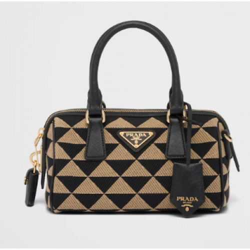 Prada Symbole hímzett jacquard szövet felső fogantyús táska 1BB846 fekete