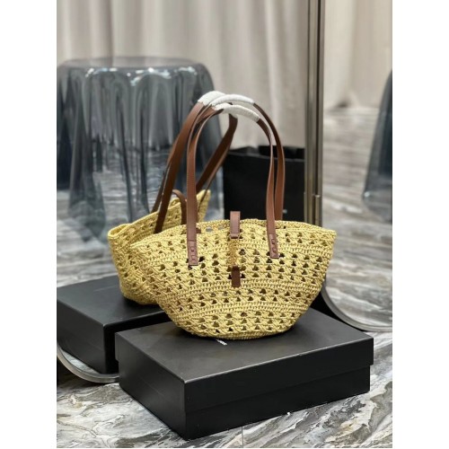 SAINT LAUREN PANIER KIS TÁSKA HORGOLT RAFFIA ÉS SIMA BŐR 685618 NATURAL