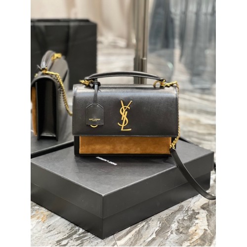 SAINT LAUREN SUNSET KÖZEPES MÉRETŰ FELSŐ FOGANTYÚ SIMA BŐR 634723 FEKETE ÉS BARNA