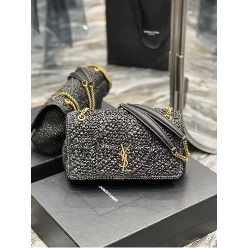 SAINT LAURENT JAMIE KÖZEPES MÉRETŰ LÁNCOS TÁSKA CARRE RIVE GAUCHE HORGOLT RAFFIA ÉS SIMA BŐR 515821 FEKETE