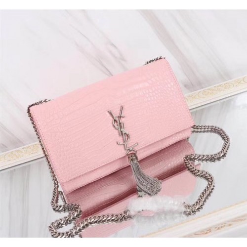 SAINT LAURENT Kate monogramos közepes méretű krokodildombornyomott bőr válltáska 9288 rózsaszín