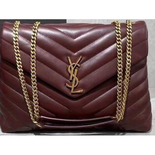 SAINT LAURENT Loulou Monogram közepes méretű steppelt bőr válltáska 74558 Bordóarany hardver