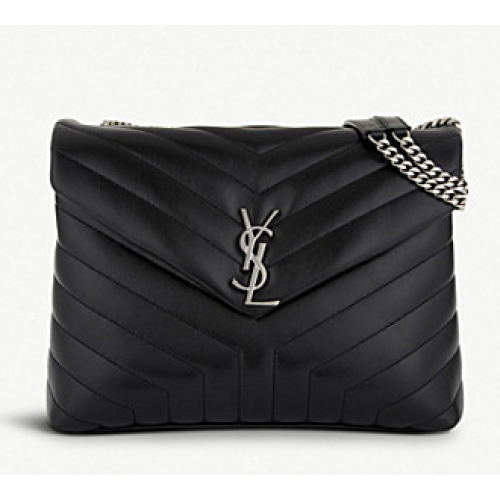 SAINT LAURENT Loulou Monogram közepes méretű steppelt bőr válltáska 74558 fekete