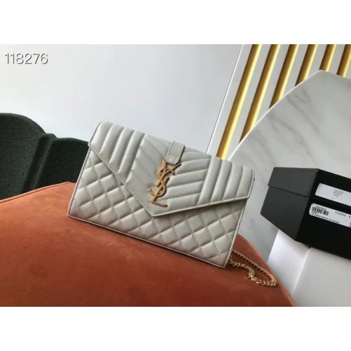 SAINT LAURENT MONOGRAM LÁNCOS PÉNZTÁRCA VEGYES MATELASSE SZEMES PUDER DOMBORÍTOTT BŐRBŐL 620280 KŐSZÜRKE ÉS ARANY