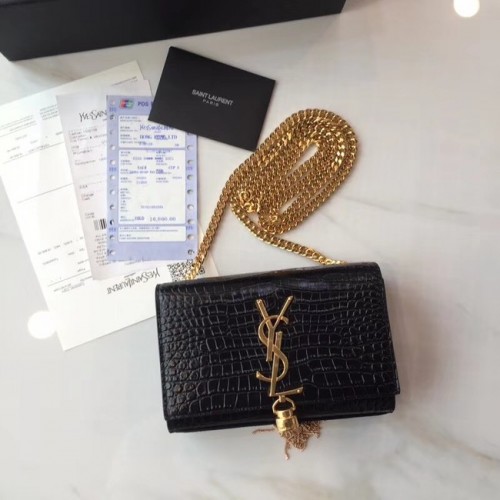 SAINT LAURENT Monogram Kate kis krokodildombornyomott bőr válltáska 354120 Fekete