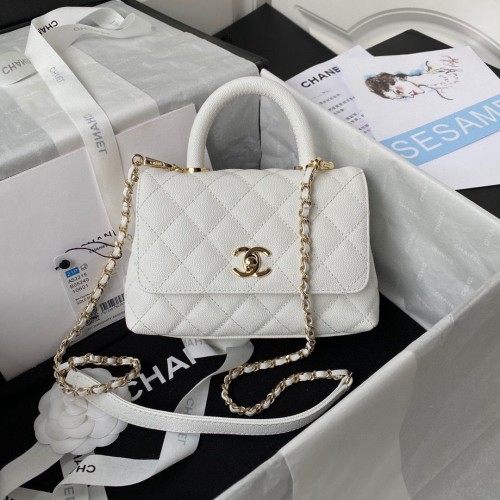 Chanel mini fedeles táska eredeti kaviár bőr felső fogantyúval fehér AS2215 aranytónusú